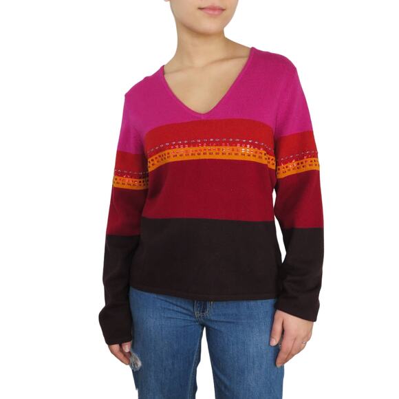 Vintage Sweaters - 1990s Vintage Inc Pink Striped Colorblock Beaded V-Neck Sweater Large